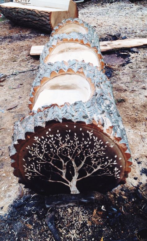 Tree Trunk Bench, Carved Tree Stump, Bench Around Trees, Trunk Bench, Carved Tree, Tree Bench, Carved Chairs, Tree Furniture, Fire Pit Seating