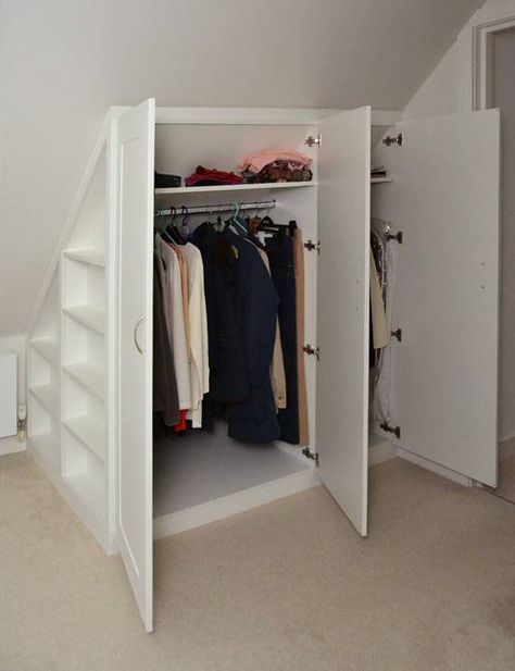 Eaves Cupboards, Eaves Wardrobe, Loft Conversion Wardrobes, Attic Closet Ideas, Hidden Cupboard, Under Eaves Storage, Angled Bedroom, Small Attic Room, Cottage House Interior