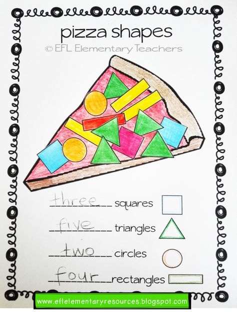 ESL food, breakfast and lunch Worksheet elementary 3: pizza shapes. More activities to do with a worksheet. Tell the children that they are going to complete the complete the pizza slice with some shapes (give them the shape template or have them make the shapes), But there are some rules. Shape Pizza Free Printable, Esl Kindergarten Activities, Esl Activities Elementary, English Projects For Kids, English Activities For Kids Kindergarten, Pizza Worksheet, Esl Activities For Kids, Esl Crafts, Shapes Worksheets For Kids