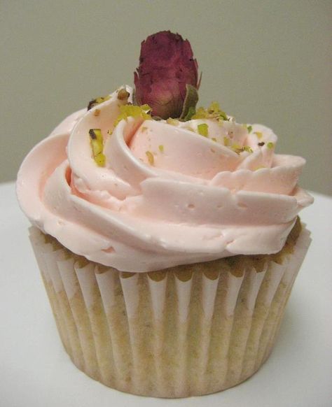 Goodnight Rose: Pistachio-Cardamom Cake with Rosewater Frosting Interesting Cupcakes, Pistachio Cardamom, Meringue Buttercream Frosting, Pistachio Rose, Rose Cupcake, Cardamom Cake, Vegan Chocolate Mousse, Rose Cupcakes, Meringue Buttercream