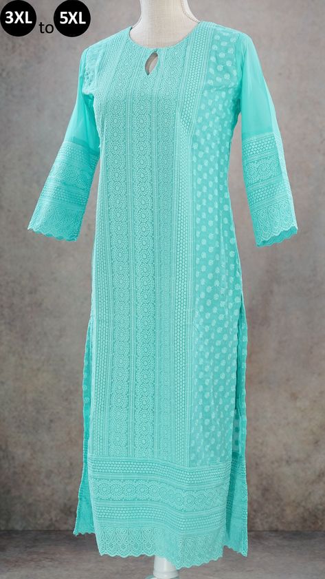 Georgette Chikankari Kurta, Blue Kurti, Kurti Sleeves, Chikankari Work, Chikankari Kurta, Chikankari Kurti, Indian Kurti, Embroidery Fashion Detail, Lucknowi Chikankari