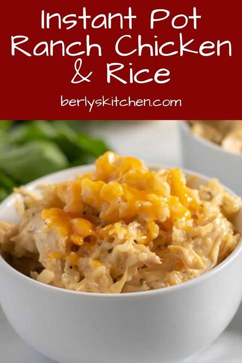 Instant Pot Ranch Chicken and Rice is a tasty Instant Pot chicken recipe that is a dinner the whole family will love. This recipe created by Berly's Kitchen takes no time at all to prepare and is full of ranch and cheddar cheese flavor. Visit berlyskitchen.com for more Instant Pot recipes. Instant Pot Ranch Chicken, Ranch Chicken And Rice, Chicken And Rice Recipe, Ranch Chicken Recipes, Chicken Rice Recipes, Recipes Oven, Ranch Recipe, Chicken Thigh Recipes Oven, Chicken Thigh Recipes Crockpot