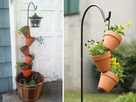 Looking for a way to spruce up your regular planters? This is the article you've been waiting for! Stacking Terra Cotta Pots, Stacked Terra Cotta Planters, Tilted Planter Flower Pots, Hanging Terra Cotta Pots, Stacked Flower Pots Diy Tiered Planter, Stacked Planters, Diy Tiered Planter, Stacking Planters, Flower Pot Tower