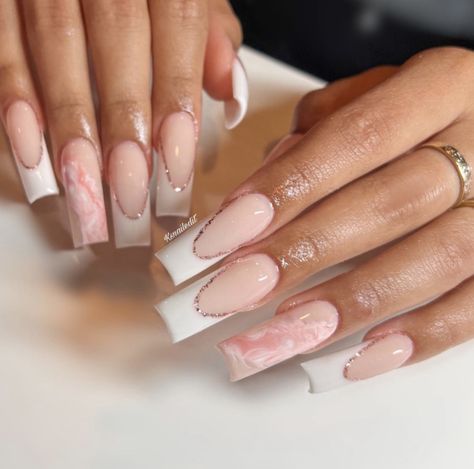 French Tips Pink, Pink And White French, White French Tips, Marble Nail Designs, French Nail Art, Simple Gel Nails, French Tip Acrylic Nails, French Nail, White French