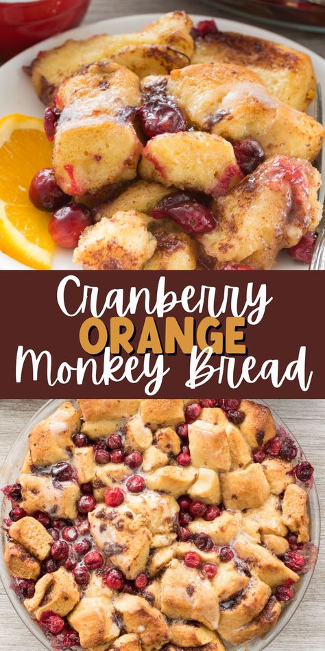 Cranberry Orange Monkey Bread - Crazy for Crust Cranberry Monkey Bread Recipe, Orange Cinnamon Roll Casserole, Cranberry Orange Pull Apart Bread, Pillsbury Cinnamon Roll Monkey Bread, Pull Apart Cinnamon Rolls Monkey Bread, Cranberry Cinnamon Roll Monkey Bread, Christmas Breakfast Bread, Monkey Bread Butterscotch Pudding, Cranberry Orange Monkey Bread