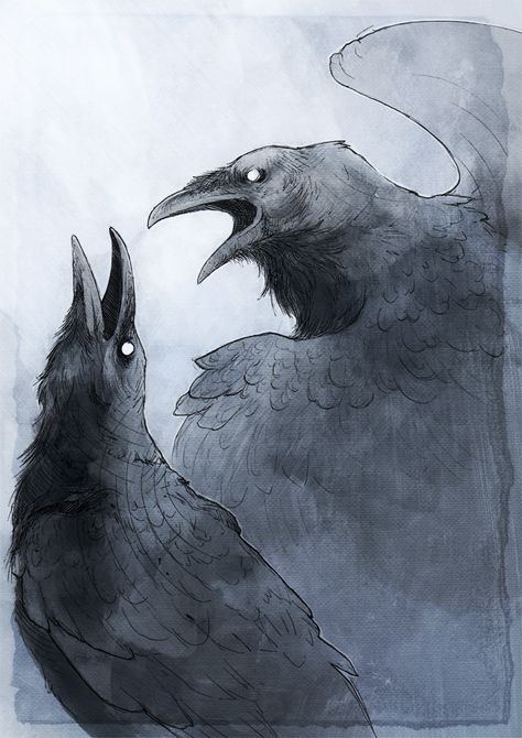 Huginn et Muninn (corbeaux de Odin) by ~Woari on deviantART Black Crows, Quoth The Raven, Crow Art, Black Birds, Raven Art, Arte Van Gogh, Jackdaw, Crows Ravens, Tree Drawing