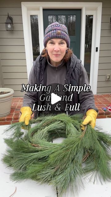 Audra Chalfant Matlack on Instagram: "Easy DIY (ish) trick to make lush, full garland for your holiday decor. #holiday #holidaydecor #garland #diy #holidayvibes #evergreens #lifeatthenest" How To Make A Christmas Door Garland, How To Make A Pine Wreath, Garland On Doorway, Diy Live Wreath Christmas, How To Make Pine Garland, Diy Real Garland Christmas, Real Pine Garland Diy, Over Door Christmas Garland, Garland Outdoor Front Porches