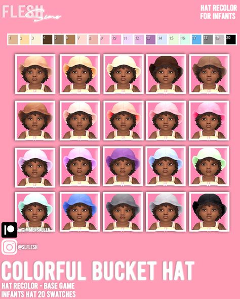 colorful bucket hat by fleshsims/fleshbysaleen Sims 4 Bucket Hat, Sims 4 Cc Infant, Colorful Bucket Hat, Sims 4 Cc Finds, Sims 4 Cc, Maxis Match, Infants, Baby Hats, Sims 4