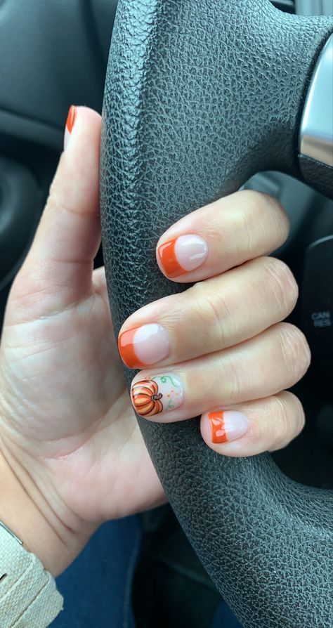 French Tip Pumpkin Nails, Square Pumpkin Nails, French Tip With Pumpkin, Fall Nail Designs Pumpkin, Pumpkin Nails Short, Pumpkin Gel Nails, Pumpkin French Tip Nails, Simple Pumpkin Nails, Autumn Toe Nails