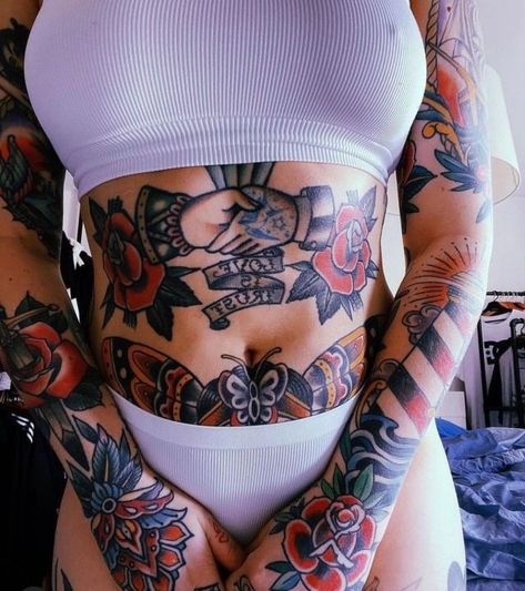 Big American Traditional Tattoo, Stomach Tattoos Traditional, American Traditional Stomach Tattoo, Upper Stomach Tattoos, Lower Belly Tattoos For Women, Traditional Sternum Tattoo, Belly Tattoos For Women, Traditional Thigh Tattoo, Epic Tattoos