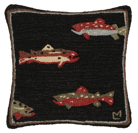 Trout pillow Hand Hooked Pillows, Mountain Bedroom, Cabin Pillows, Hook Pillow, Fish Stand, Fish Pillow, Black Forest Decor, Hooked Pillow, Black Pillow