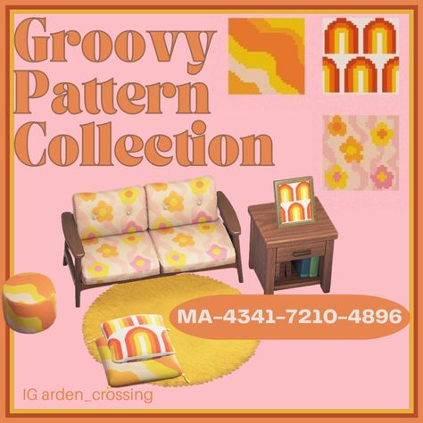 Pink yellow and orange groovy patterns to give your ACNH island a more 60s/70s vibe 🌼 Acnh Retro Design Codes, Acnh 70s Clothes, 70s Animal Crossing Island, Acnh Groovy Designs, Retro Acnh Codes, Acnh 70s Designs, Acnh Vintage Island, Acnh Retro Island, Acnh 70s Island