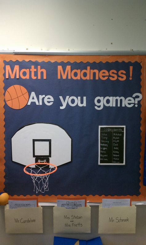 I used this board to practice PSSA math skills during March and connected it with basketball and March Madness. At the end of each week students shot one basket for each math page they completed correctly. The leader in points each week won a prize. I had 3 pages per student and 1 bonus available each week. The pages were based on the students individual math levels March Madness Bulletin Board, Basketball Classroom, Sports Classroom, March Math, Math Bulletin Boards, Sports Theme Classroom, Math Night, Math Classroom Decorations, Math Pages