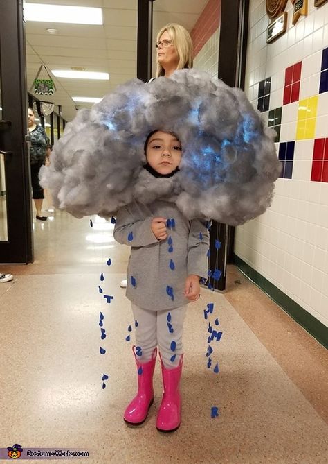 Taylor: This is my 4 year old daughter dressed up as a thunderstorm! I put paper mache over a balloon, popped the balloon, and build the cloud around it with poly-fill!... Thunderstorm Costume, Halloween Costumes Kids Homemade, Cloud Costume, Diy Halloween Gifts, Diy Costumes Women, Noise Maker, Kids Homemade, Halloween Costumes College Girls, Scary Halloween Costume