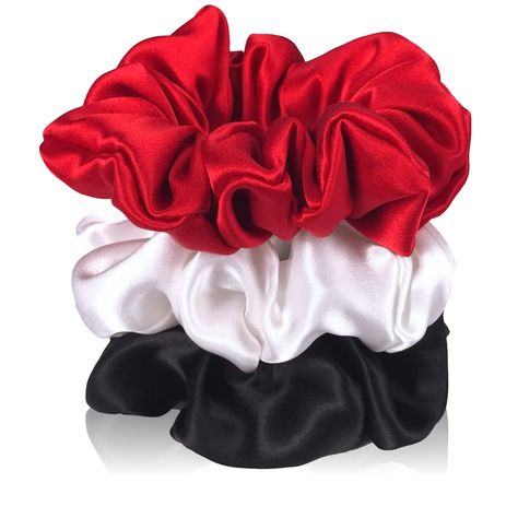 PRICES MAY VARY. SILK SCRUNCHIES 3 PACK contains one scrunchie of each color: Red, White and Black 100% PURE MULBERRY SILK SCRUNCHIES keep all hair types healthier and more manageable by reducing the friction that leads to frizz, breakage and hair loss. Highly recommended by stylists for curly hair HELPS KEEP HAIR HEALTHY by reducing tugging and pulling on hair. The smooth silk helps hair glide over the silk ponytail holder, minimizing breakage and reducing hair creases SILK HAIR TIES add a litt Silk Hair Ties, Red Scrunchie, White Scrunchie, Silk Scrunchies, Hair Red, Hair Help, Normal Hair, Silk Hair, Everyday Hairstyles