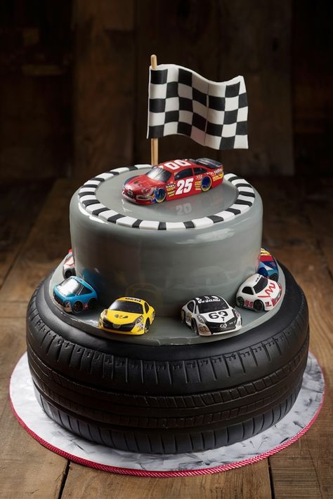 Checkered Flag Delight: A Cake for NASCAR Fans Race Car Birthday Party Cake, Nascar Cake Ideas, Nascar Birthday Party Ideas, Race Car Birthday Party Ideas Cake, Racetrack Cake, Car Themed Cake, Nascar Cake, Nascar Birthday, Car Cakes For Men