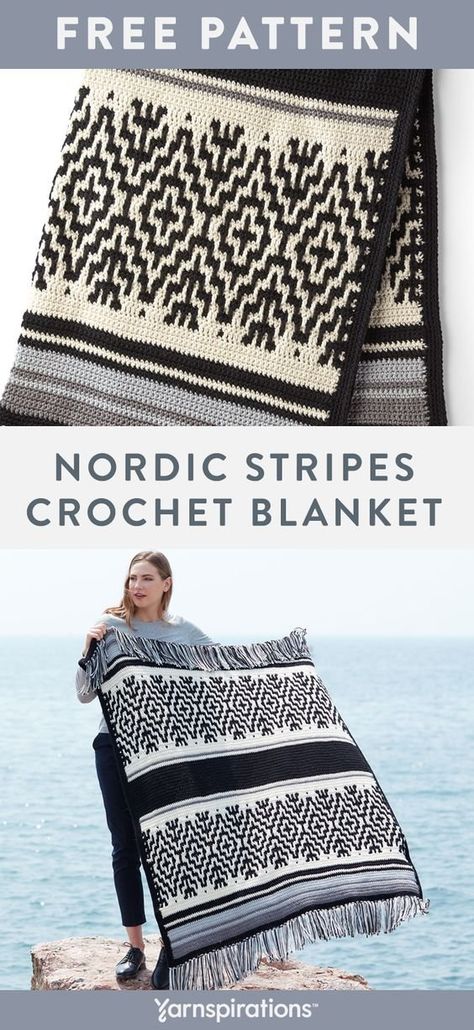 Free crochet pattern using Red Heart Heat Wave yarn. Free Nordic Stripes Crochet pattern. With easy stripes and challenging colorwork, this Nordic-inspired crochet blanket has enough variation to keep you interested as you work.  #yarnspirations #freecrochetpattern #crochetblanket #crochetthrow #crochetlapghan #crochetafghan #redheartyarns #redheartyarn #heatwave #heatwaveyarn Striped Crochet Blanket, Easy Knitting Projects, Cable Knit Hat, Beginner Knitting Projects, Pattern Drafting, Crochet Stitch, Afghan Crochet Patterns, Crochet Knitting, Easy Knitting