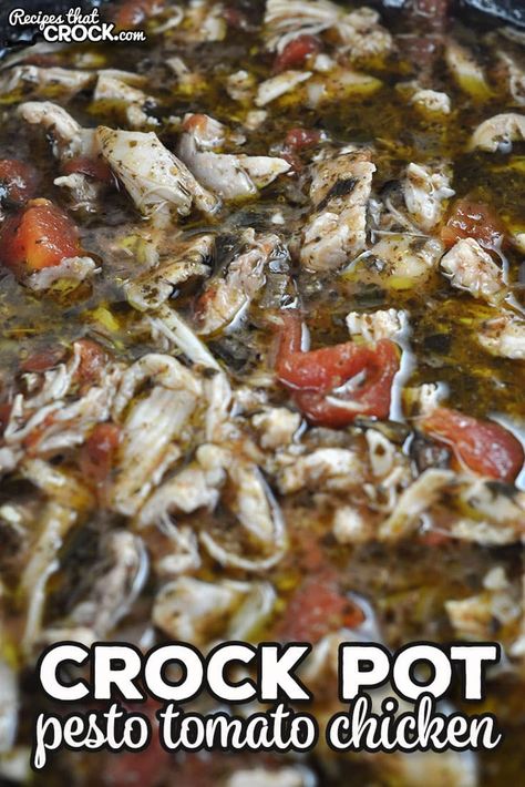 This Pesto Tomato Crock Pot Chicken recipe is not only versatile and delicious, it is also super easy to throw together. Crockpot Pesto Chicken, Chicken Pesto Recipes, Stove Top Recipes, Pot Roast Recipes, Slow Cookers, Pesto Chicken, Chicken Crockpot Recipes, Chicken Pasta, Crockpot Chicken