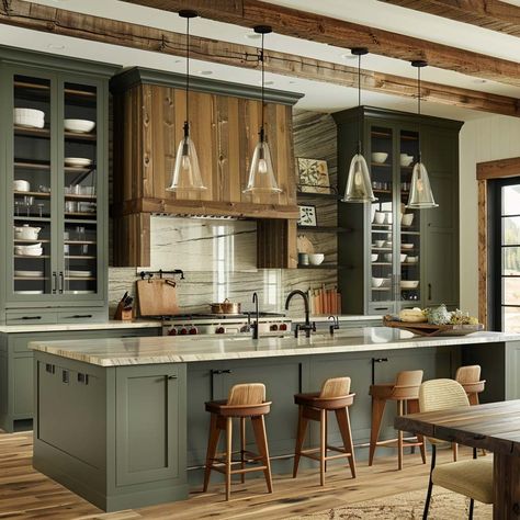 6. Rustic Sophistication in Sage Green Rustic Kitchen, Earthy Kitchen, White Upper Cabinets, Green Kitchen Island, Cabin Remodel, Sage Kitchen, Green Kitchen Designs, Barn House Interior, Wicker Bar Stools