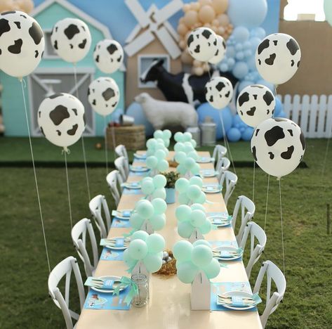 Blue Barnyard Party, Blue Farm Birthday Party, Farm Themed 1st Birthday Party, Farm Themed 1st Birthday, Gender Neutral First Birthday, Cowboy Themed Birthday Party, Cow Birthday Parties, Bday Party Kids, Barnyard Birthday Party