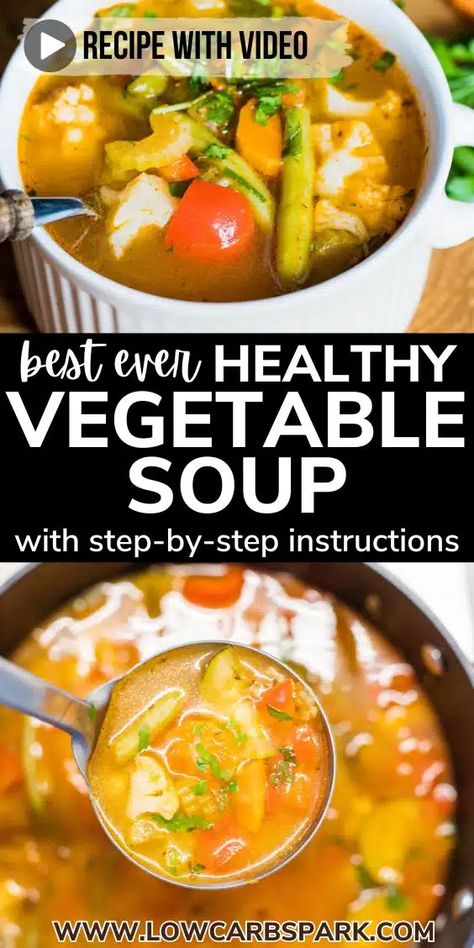 This healthy vegetable soup is packed with vegetables, incredibly comforting, filling, and remarkably easy to prepare. Simply chop all the vegetables, simmer for a few minutes, and savor a generous bowl of homemade low-carb vegetable soup. Low Fiber Vegetables, Keto Vegetable Soup, Optifast Recipes, Low Calorie Vegetable Soup, Veggie Stew Recipes, Low Carb Beef Stew, Creamy Pumpkin Soup Recipe, Carbs In Vegetables, Veg Soup Recipes