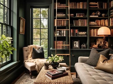 Mini Library Small Spaces, Cozy Library Aesthetic, Academia Interior, Dream Home Library, Cozy Home Library, Home Library Rooms, Library Living Room, Cozy Library, Cozy Places