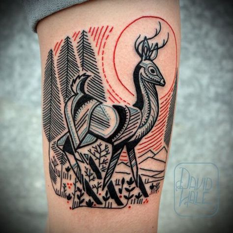 25 Illustration style Deer Tattoo on Thigh Velociraptor Tattoo, Tattoo Hummingbird, David Hale, Deer Tattoo Designs, Hawk Tattoo, Petit Tattoo, Deer Tattoo, Tatuaje A Color, 1 Tattoo