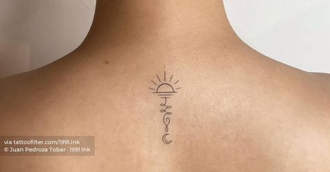 Unalome Sun And Moon Tattoo, Sun And Moon Duality Tattoo, Sun Moon Unalome Tattoo, Sun And Moon Unalome Tattoo, Wave Unalome Tattoo, Unalome Sun Tattoo, Sun Unalome Tattoo, Unalome With Sun, Sun Tattoo Spine