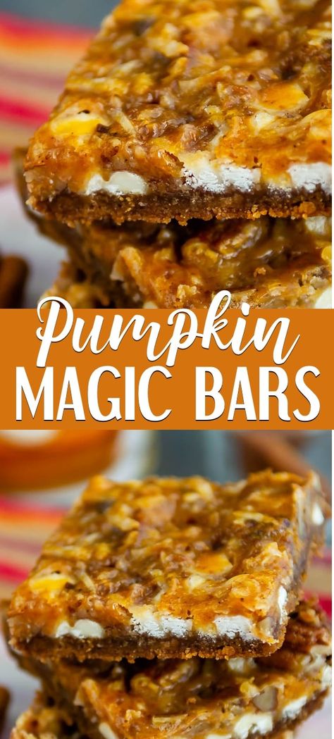 Pumpkin Magic Bars is a 7 layer bar you can make with pumpkin puree! An easy magic bar recipe made with gingersnap crust, white chocolate, coconut and lots of pumpkin. Wow your family with this easy fall recipe! Pumpkin Magic Bars, Magic Bars Recipe, White Chocolate Coconut, Pumpkin Magic, Pumpkin Puree Recipes, Gingersnap Crust, Magic Bars, Easy Magic, Food Plan