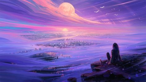 Anime Scenery Gif, Anime Landscape Wallpaper, Alena Aenami, Stars In Sky, Purple Landscape, Moon City, Anime Landscape, Instagram Album, Wallpapers Pc