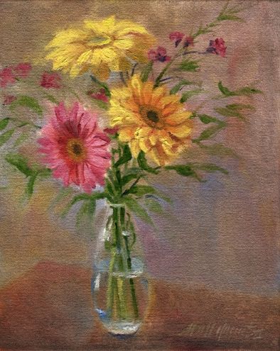 Gerbera daisies in glass vase by Hall Groat II. Gerbera Daisies, Gerber Daisies, Daisy Painting, Gerbera Daisy, Painting Still Life, Pictures To Paint, Flower Pictures, Free Art, Glass Painting