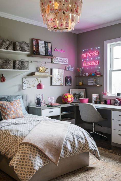 Enhance your teen girl's bedroom with trendy lighting options. Explore fairy lights, neon signs, and statement chandeliers for a stylish ambiance. Teenager Bedroom Girl, Girl Bedroom Designs Teenagers, Curtain Ideas Bedroom, Rhythm Design, Boho Bedroom Colorful, Diy Bedroom Storage, Trendy Lighting, Neon Bedroom, Personalized Bedroom