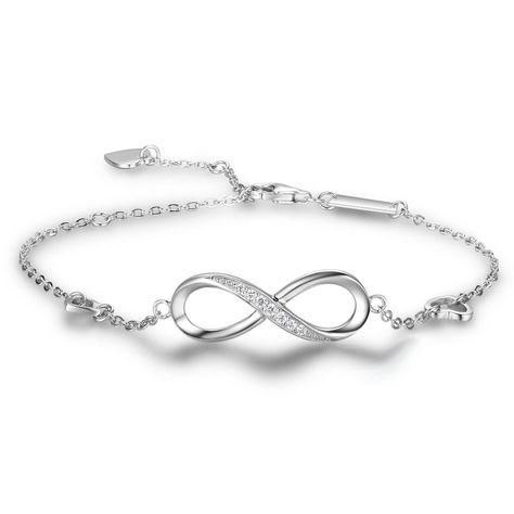 PRICES MAY VARY. A silver bracelet with classic infinity symbol for women and girls. Perfectly combined with heart elements, this silver infinity bracelet is a perfect gift idea to show your never-ending love and friendship Made of solid 925 sterling silver, nickel free Total length of this adjustable bracelet is 8.46" (21.5 cm), length can be adjusted to 4 different levels, 6.3", 7.1", 7.9" and 8.3" The small shining stones on the infinity symbol bring your wrist more attraction Comes in a whit Silver Infinity Bracelets, Double Infinity, Silver Bracelets For Women, Infinite Love, Silver Chain Bracelet, Bracelet Argent, Love Bracelets, Trendy Jewelry, Wedding Bracelet