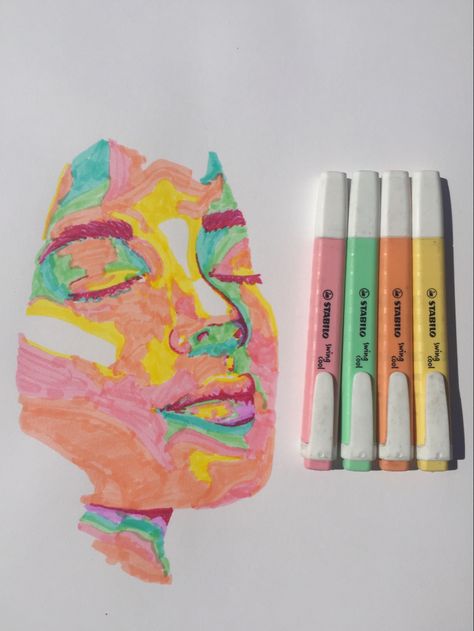 I used standard pastel highlighters to create an abstract portrait with exaggerated colors. Painting media drawing Womans face painting drawing bright colours abstract pastel stablo highlighters #paintingmedia #highlightpainting #abstractpaintings #abstractart #aesthetic #pastel #portrait #pastelart Coloring With Highlighters Drawing, Coloured Face Drawing, Dada Art Paintings, Highlighter Portrait Drawing, Highlighter Portrait Art, Face Highlights Drawing, Self Portrait Drawing Abstract, Colourful Face Drawing, Aesthetic Colorful Drawings