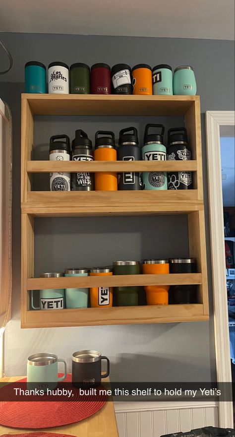 Yeti holder Tumblr Cup Storage Ideas, Hydration Station Home, Yeti Cup Organization, Yeti Organization, Yeti Cup Storage Ideas, Yeti Cup Storage, Yeti Storage Ideas, Stanley Cup Storage Ideas, Yeti Storage