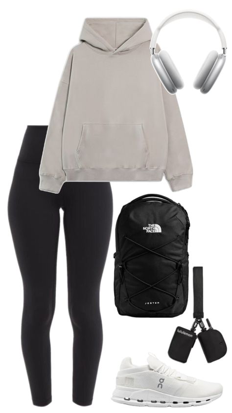 Outfits for school - black leggings outfit inspo - hoodie outfit inspo - north face back pack and lulu keychain wallet - basic on clouds outfit inspo Cute Comfy Outfits Leggings, Cute Cold Day Outfit For School, Cute School Outfits With Leggings, Cute Outfits With Black Pants, Cute Winter Outfits Leggings, Casual School Outfits Leggings, How To Style A Black Hoodie, Cold Day Outfits For School, Leggings And Hoodie Outfit