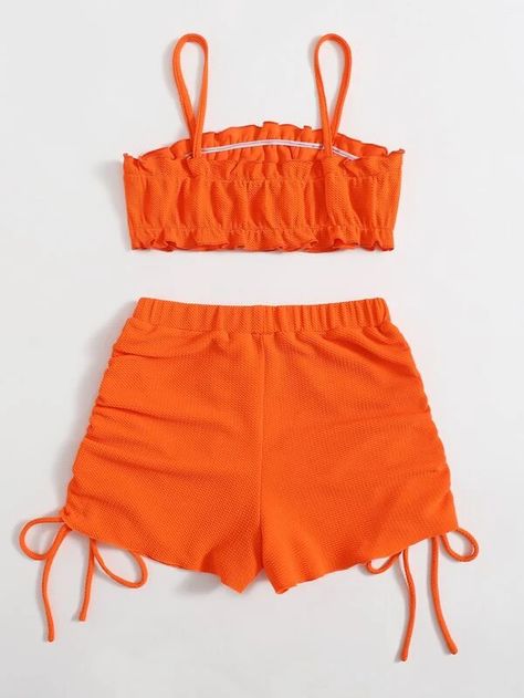 Neon Orange Frilled Trim Cami & Knotted Shorts Set | SHEIN USA Co Ords, Neon Orange, Cool Names, Shorts Set, Two Piece Outfit, No Frills, Short Sets, Summer Women, Two Piece