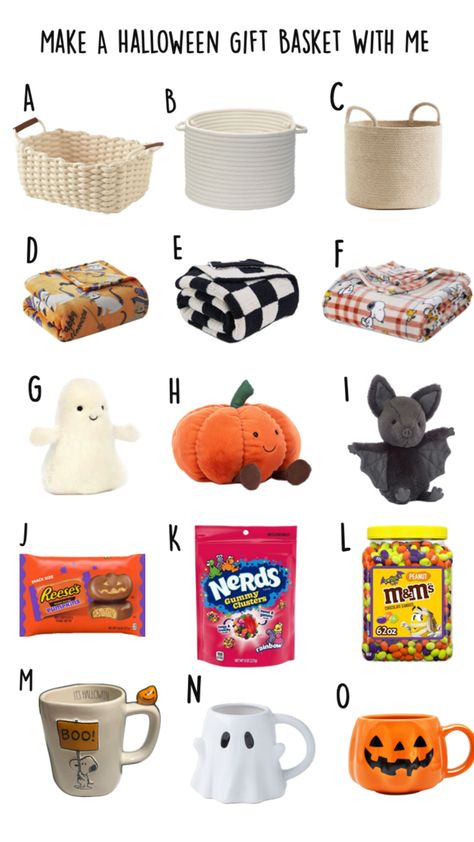 Halloween, Fall, Autumn, Gift ideas, Gift Basket, Gift inspo, #aesthetic Cheap Boo Baskets For Friends, Fall Gift Baskets Ideas, Boo Basket Ideas Cheap, Cheap Boo Basket, Boo Basket Aesthetic, Boo Basket Ideas For Kids, Cheap Boo Basket Ideas, Food Basket Gift Ideas, Halloween Gift Baskets For Kids