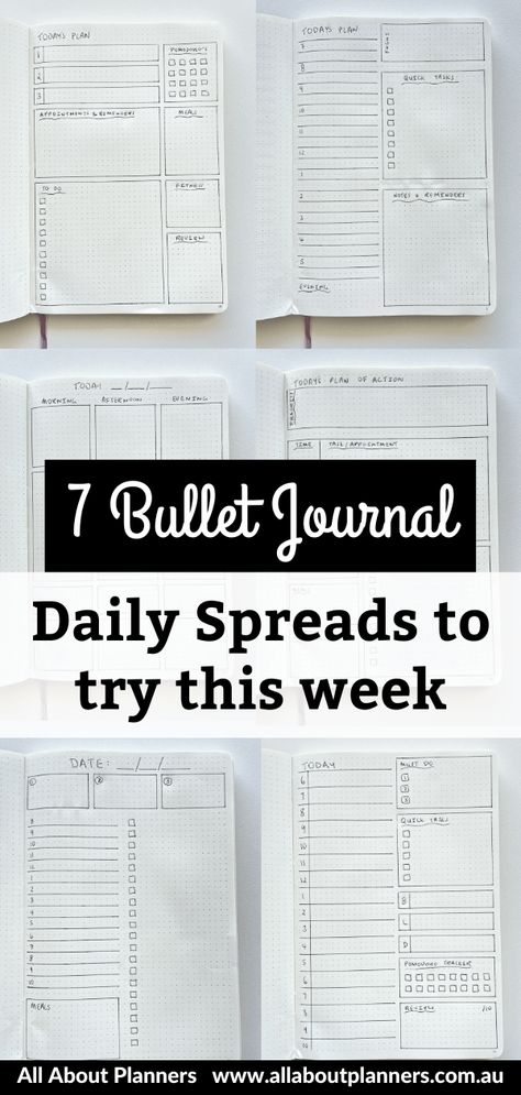 bullet journal daily spreads to try this week simple quick easy minimalist newbie bujo all about planners Bujo Simple Ideas, Bujo Spreads For Work, Bujo Spread Ideas Minimalist, Easy Bujo Spreads, Bullet Journal Weekly Planner Ideas, Weekly Spreads Bullet Journal, Daily Planner Ideas Bullet Journal, Daily Bullet Journal Layout Ideas, Simple Weekly Bullet Journal Layout