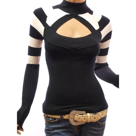 Patty Women Stunning Strips Crew Neck Long Sleeve Knit Top Jumper ($44) ❤ liked on Polyvore featuring tops, sweaters, shirts, long-sleeve shirt, stripped sweater, long sleeve sweater, long sleeve knit shirt and crew neck shirt Black And White Stripes Outfit, 2000s Fits, Corp Goth, Stripes Outfit, Mom Vibes, Hot Clothes, Pretty Shirts, Looks Party, Style Savvy