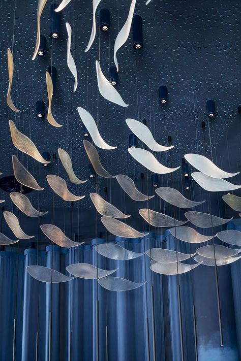 High Curtains, Stainless Steel Bar, Blue Rooms, Restaurant Interior Design, Red Interiors, Sculpture Installation, Acoustic Panels, Hotel Design, Fish Art