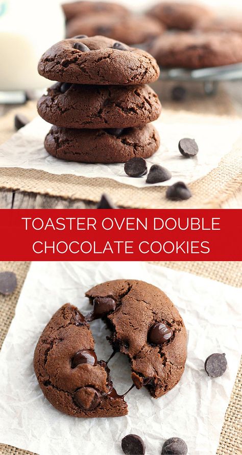 Toaster Oven Double Chocolate Cookies.  Brownie-like cookies that are crispy on the outside and chewy on the inside with rich dark chocolate chips.  Bake a fresh batch in your toaster oven today! Toaster Oven Snacks, Recipes For Toaster Oven Cooking, Easy Toaster Oven Desserts, Toaster Oven Chocolate Chip Cookies, Easy Healthy Toaster Oven Recipes, Toaster Recipes, Toaster Oven Cooking, Convection Oven Recipes, Toaster Oven Recipes