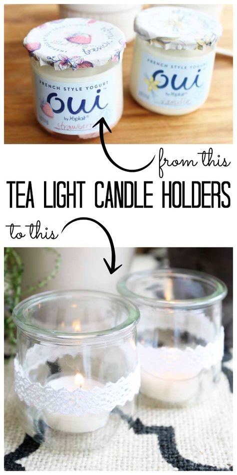 Make these tea light candle holders from recycled glass jars! A cute way to use those Oui yogurt containers! Oui Yogurt, Candle Recipes, Yummi Candles, Crafts With Glass Jars, Tea Light Candle Holders, Candle Making Business, Ghost Lights, Tea Light Holders, Diy Candle Holders