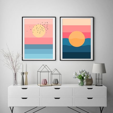 Minimalist Rising Sun Set Abstract Colorful Sunrise Sunset | Etsy Colorful Sunrise, Birds Spring, Spring Scenery, Nature Collage, Picture Props, Scandinavian Style Home, Layered Art, Flying Birds, Fox Print