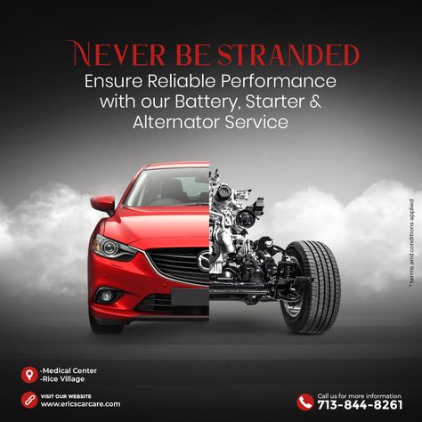 Stuck in a roadside jam? Don't let battery or alternator issues stand between you and your destination. Our dependable starter, engine & alternator service will get you back on the road worry-free! Get all the details at our website today. Contact us today 713-715-7308 Med Center 713-231-5717 Rice Village Or visit your nearest location #ReliablePerformance #AutoCare #EricscarCare #CarMaintainence Car Service Design, Alternator Repair, Car Facts, Automotive Solutions, Car Repair Service, Engine Repair, Auto Repair Shop, Webpage Design, Car Advertising