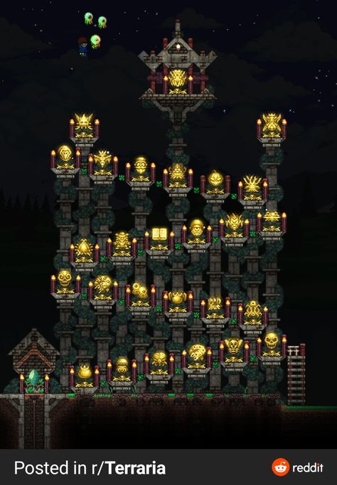 Terraria Relic Build, Terraria Boss Trophy Room, Cool Terraria Houses, Terraria Armor Room, Terraria Crafting Station, Terraria Relic Room, Terraria Spawn Build, Terraria Base Design, Terraria Boss Arena