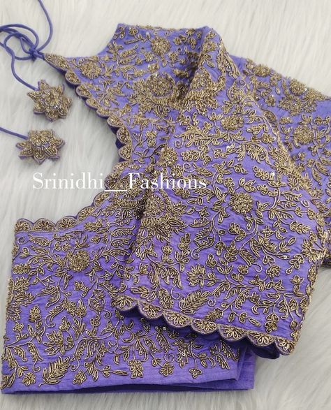 All Over Work Blouse Design Latest, Festival Purple Blouse With Resham Embroidery, Purple Party Blouse With Resham Embroidery, Maggam Work For Purple Blouse, Luxury Purple Blouse With Resham Embroidery, Yellow And Purple Blouse Maggam Work, Exclusive Blouse Designs, Blue Blouse Designs, Mirror Work Blouse Design