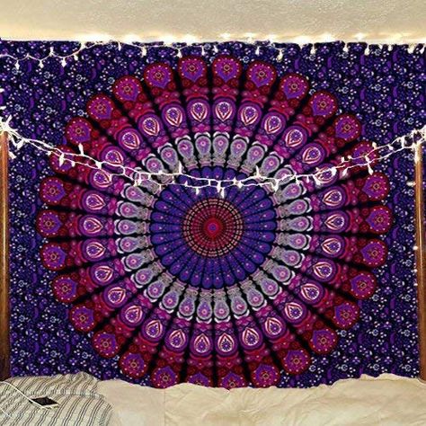 Amazon.com: Bless International Indian Hippie Bohemian Psychedelic Peacock Mandala Wall Hanging Bedding Tapestry (Pink Blue, King(88x104Inches)(225x265Cms)): Home & Kitchen Mandala Indiana, Mandala Tapestry Bohemian, Dorm Room Tapestry, Purple Tapestry, Peacock Mandala, Hippie Bedding, Hanging Beds, Hippie Room Decor, Mandala Tapestries Wall Hangings