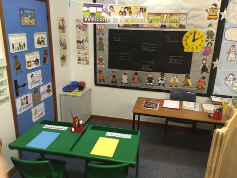 Set up a school role play area for preschool children to explore what school will look like School Role Play Area Eyfs, School Role Play, Role Play Areas Eyfs, Play Village, Play Preschool, Reception Classroom, Roleplay Ideas, Role Play Areas, People Who Help Us