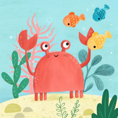 Crab Cartoon, Crab Illustration, Animal Illustration Kids, Crab Art, Sea Illustration, Kids Room Paint, Easy Drawings For Kids, Instagram Videos, Sea Painting